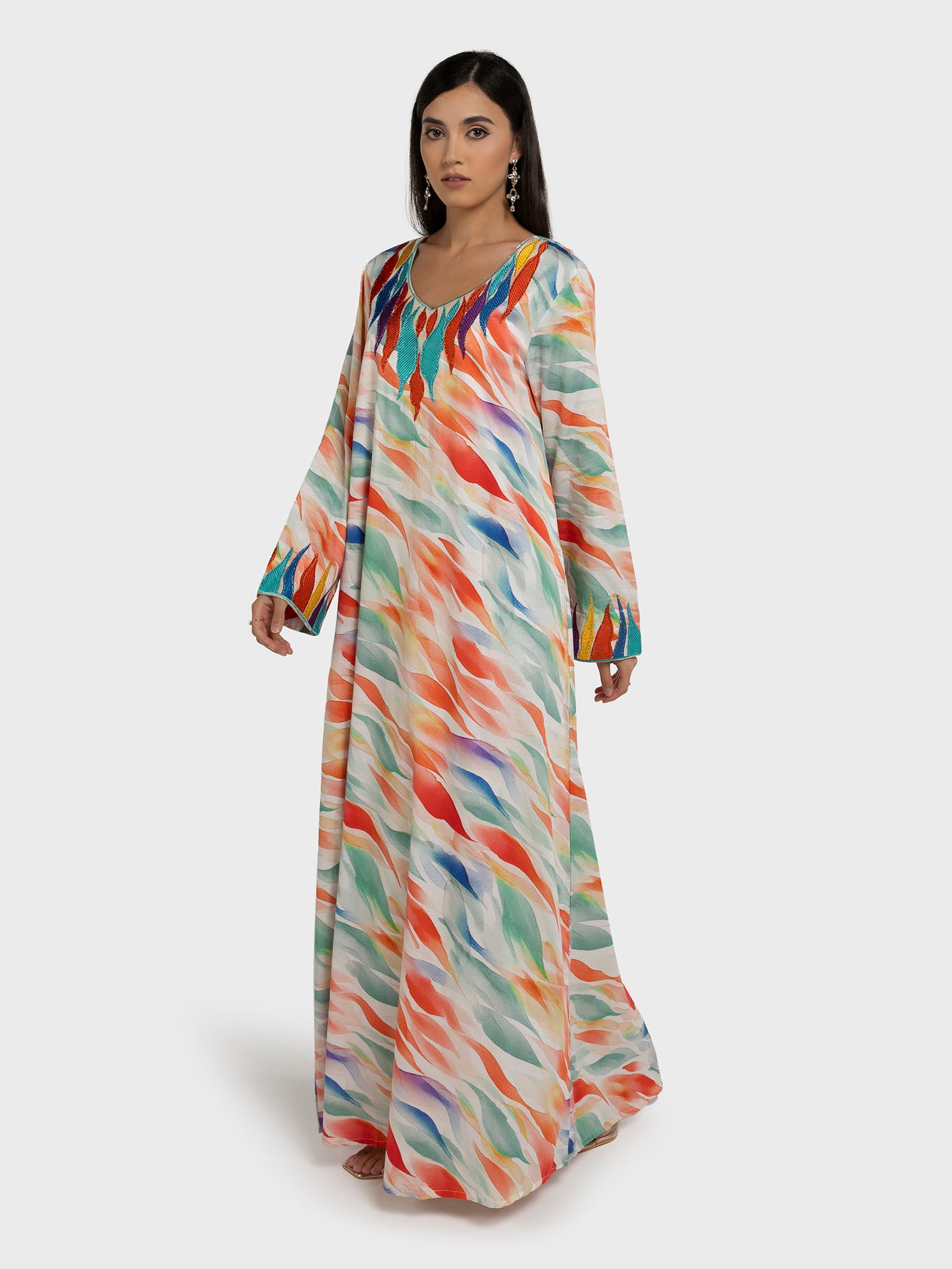 Multicolour Cotton Satin Abstract Print Stone Work Jalabiya (VG3253)