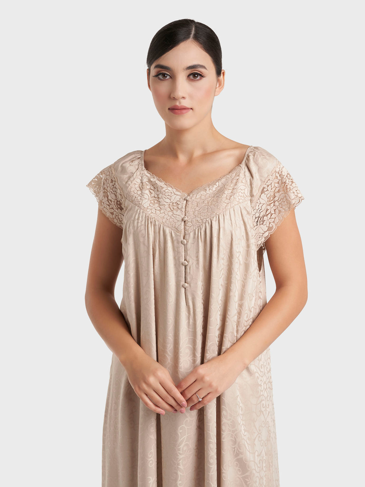 Dark Beige Jacquard Print Rayon Mini Nightwear Dress (CNH490)