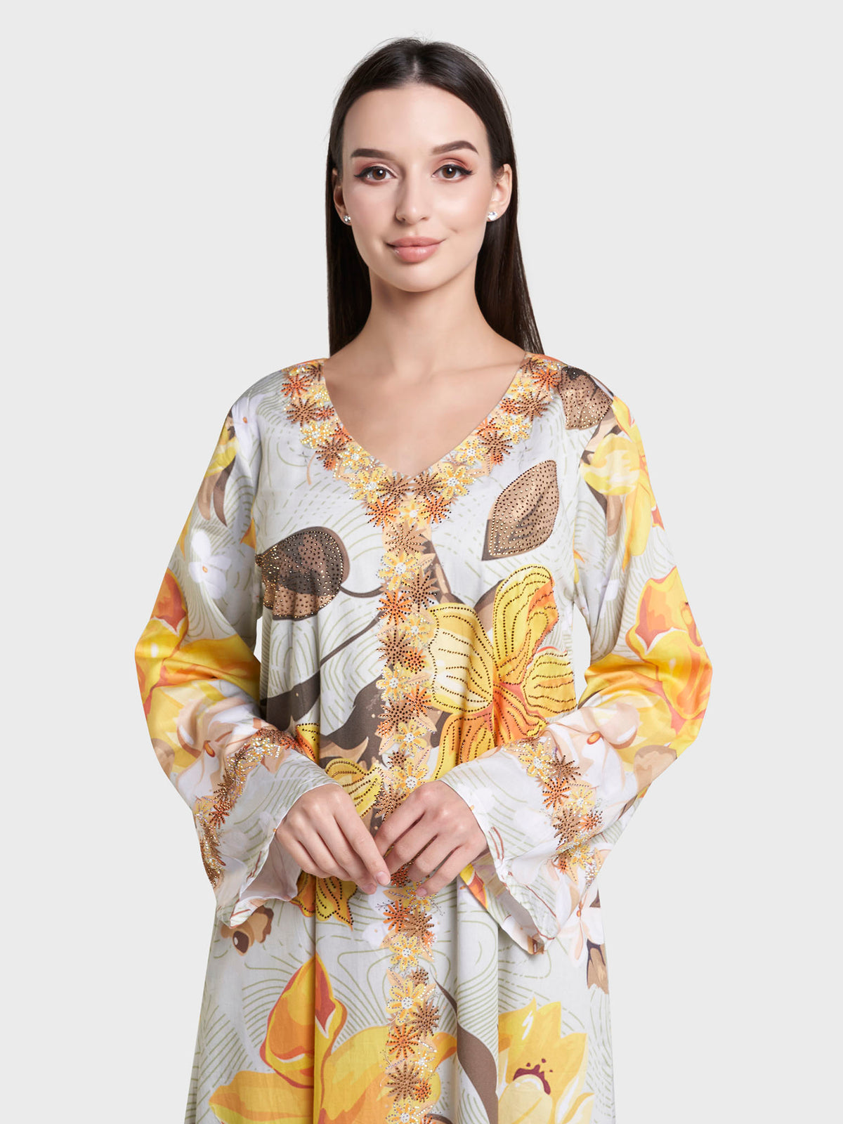 Multi Floral Print Stone Work Cotton Satin Jalabiya (VDC120)