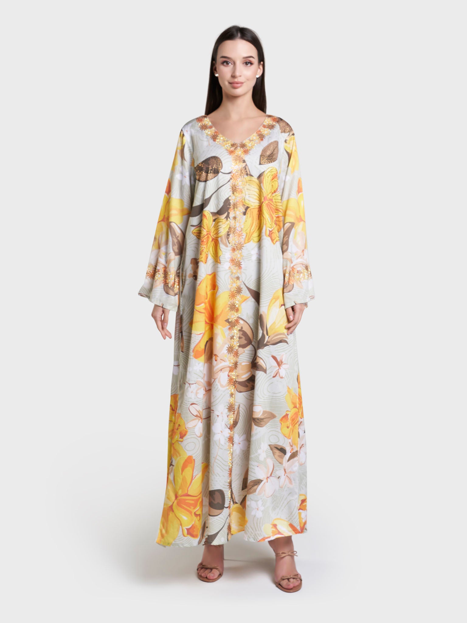 Multi Floral Print Stone Work Cotton Satin Jalabiya (VDC120)