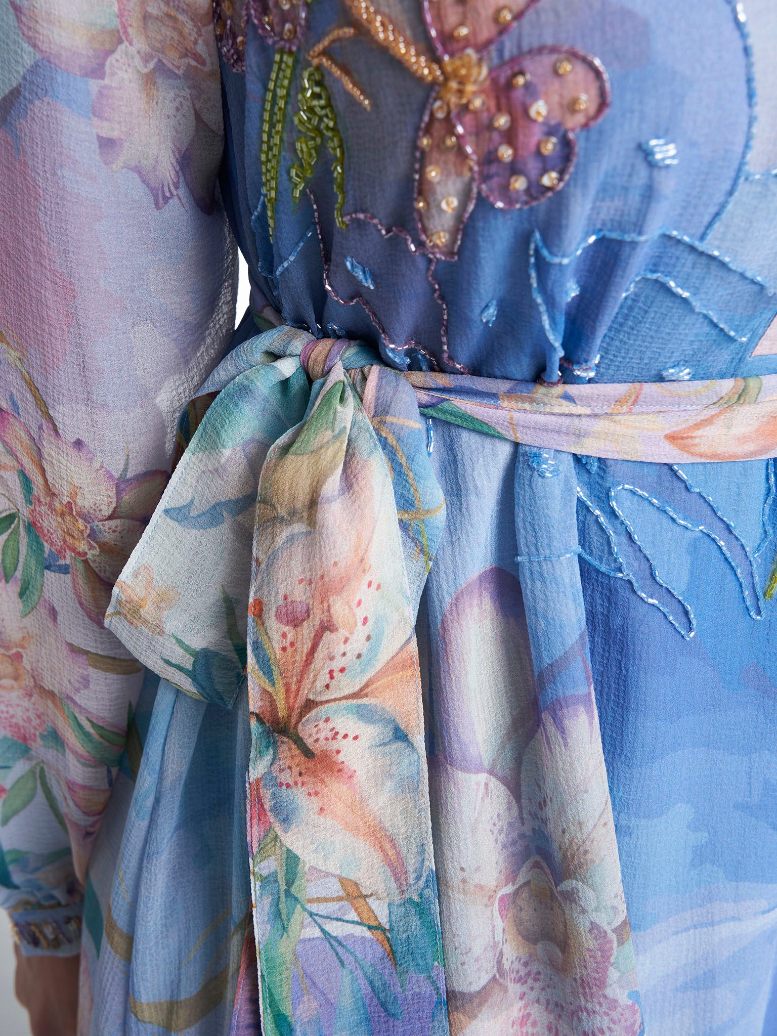 Dust Blue Colour Hand Work Chiffon Floral Printed Dress (VDK381)